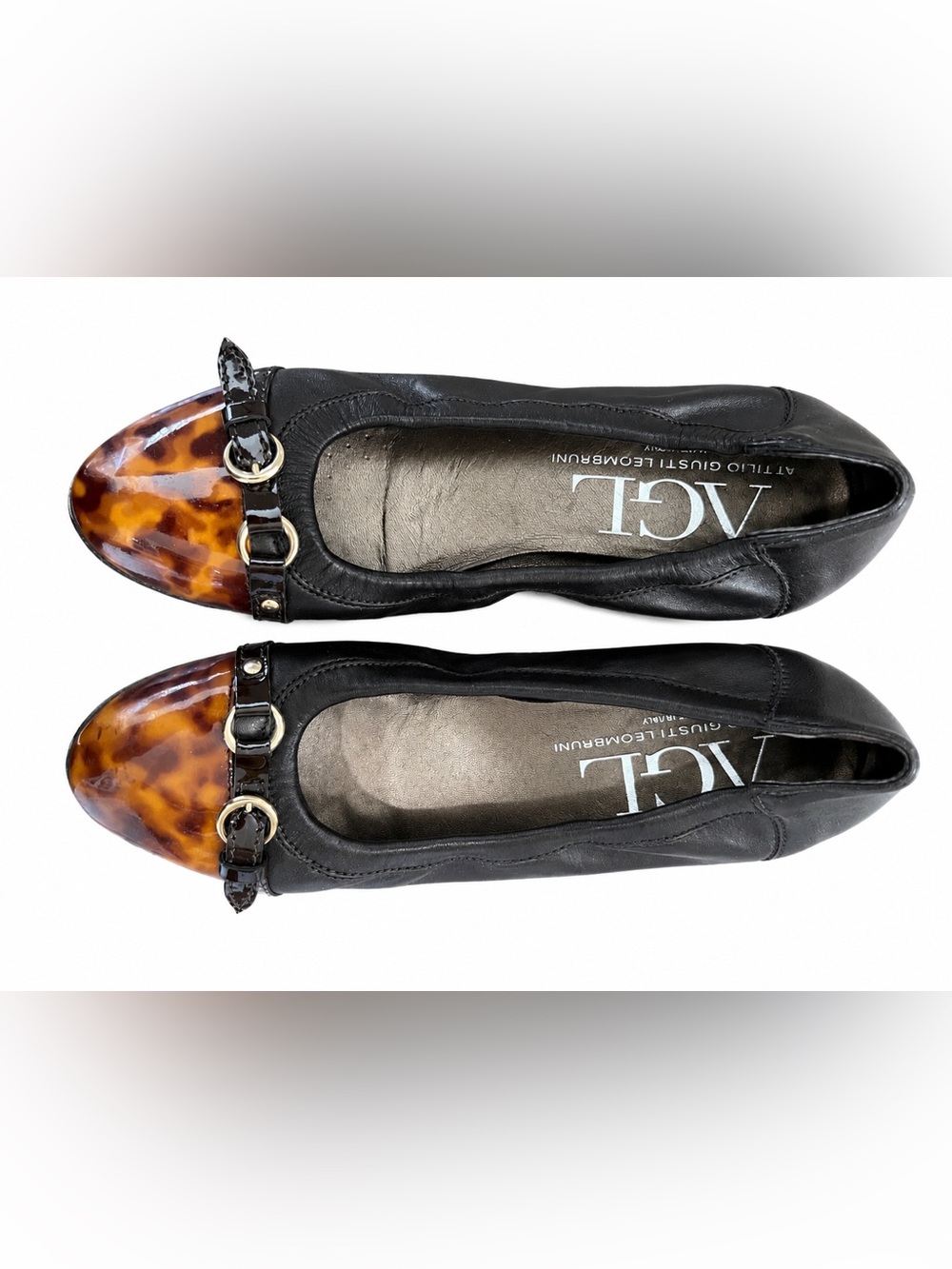 AGL Black Leather Flats with Tortoiseshell Cap Toe